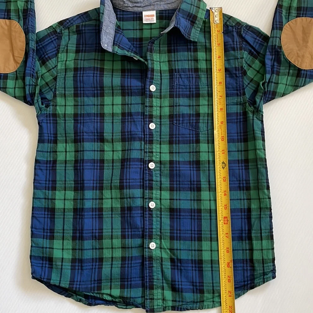 Gymboree long sleeve blue, black & green plaid button down shirt.  Boys size L